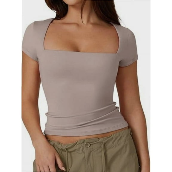 Women Square Neck Crop Top Short Sleeve T Shirts Slim Fitted Tops Cute Summer Basic Tees Trendy