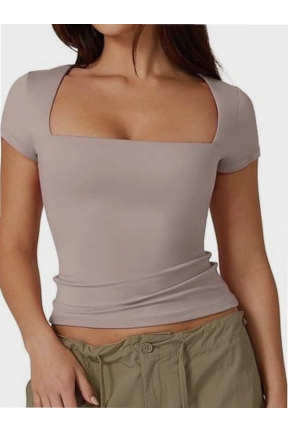 Women Square Neck Crop Top Short Sleeve T Shirts Slim Fitted Tops Cute Summer Basic Tees Trendy
