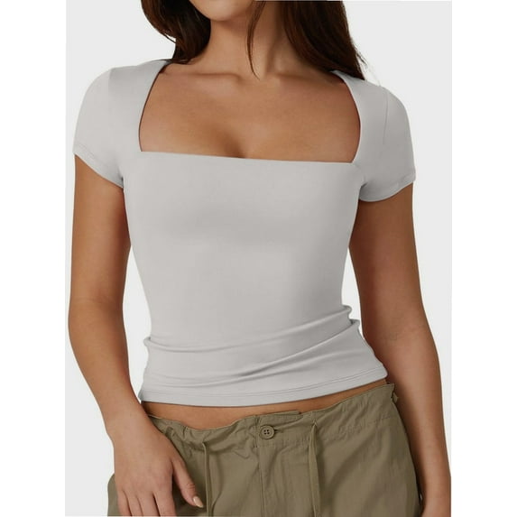 Women Square Neck Crop Top Short Sleeve T Shirts Slim Fitted Tops Cute Summer Basic Tees Trendy