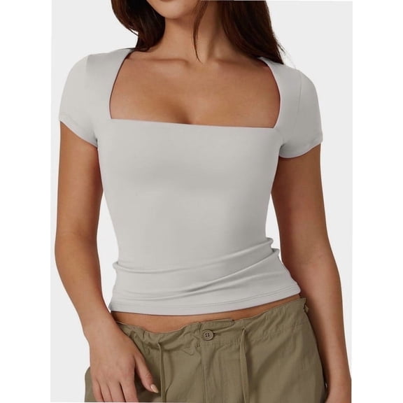 Women Square Neck Crop Top Short Sleeve T Shirts Slim Fitted Tops Cute Summer Basic Tees Trendy