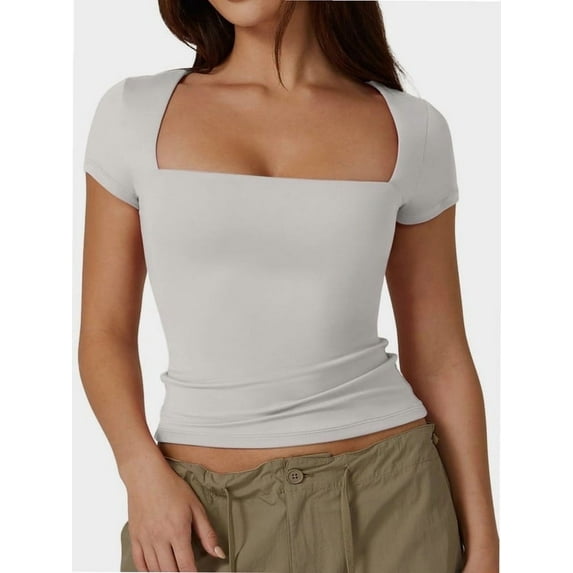 Women Square Neck Crop Top Short Sleeve T Shirts Slim Fitted Tops Cute Summer Basic Tees Trendy