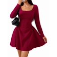 thumbnail image 1 of Women Square Neck Dress Casual Spring Long Sleeve Knit Pleated Elegant Classy Mini Dresses Wine Red S, 1 of 9