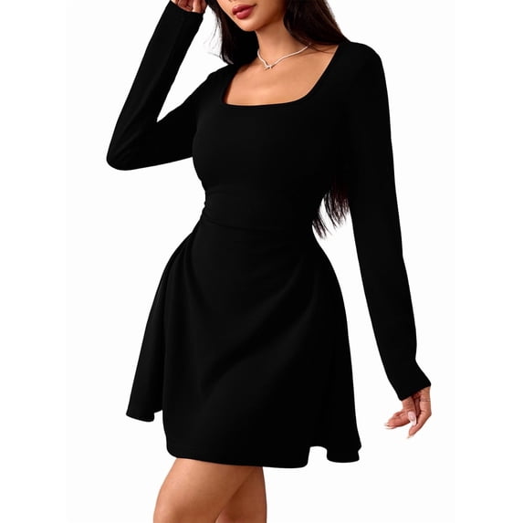 Women Square Neck Dress Casual Spring Long Sleeve Knit Pleated Elegant Classy Mini Dresses