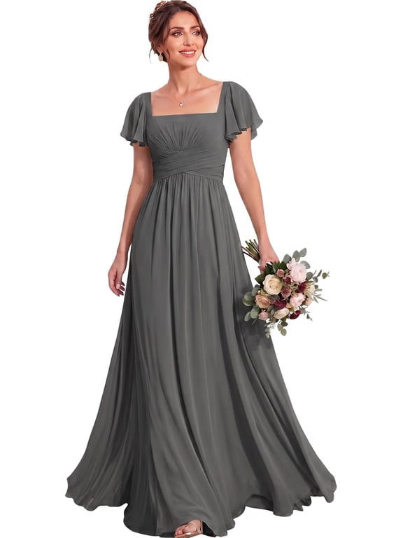 Women Square Neck Flutter Short Sleeve Chiffon Long Bridesmaid Dress A‑Line Formal Evening Gown
