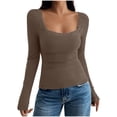 thumbnail image 1 of Women Square Neck Long Sleeve Lace Shirts Basic Fitted Double Lined Going Out Tops Y2K Trendy Spring Fall Tee, 1 of 4