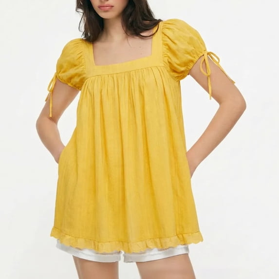 Women Square Neck Mini Dress Puff Sleeve Flowy Short Dress Loose Bow Tie Ruffle Going Out
