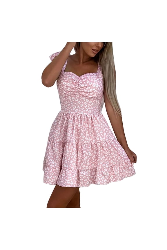 Women Square Neck Mini Sundress Corset A Line Print Summer Casual Flowy Swing Cute Graduation Party Short Dress