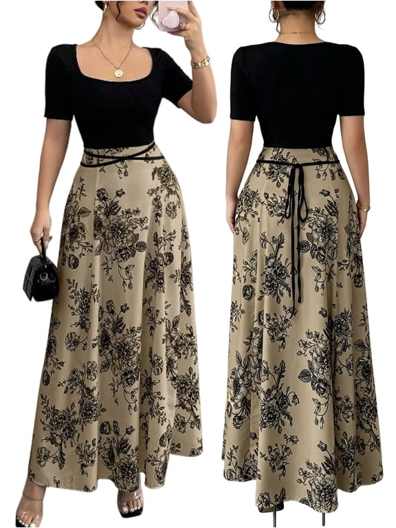 Women Square Neck Short Sleeve Floral Print Patchwork Maxi Dress Khaki XXL