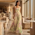 thumbnail image 1 of Women Square‑Neck Sleeveless Blue‑Iris Floral Print Belted Pleated Flowy Maxi Dress, Elegant Casual Summer Long Dress, 1 of 9
