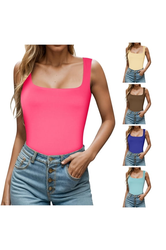 Women Square Neck Sleeveless Double Layer Tight Tank Top for Women Camisole with Bra for Women Button Crop Top for Girls Shelf Bra Tops for Women Loose Sleep Tops for Women Top for Women plus Size