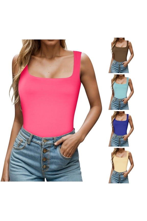Women Square Neck Sleeveless Double Layer Tight Tank Top for Women Crop Too Camisole with Shelf Bra for Women plus Padded Bra Tops for Women with Support Camisole with Bra for Women Seamless