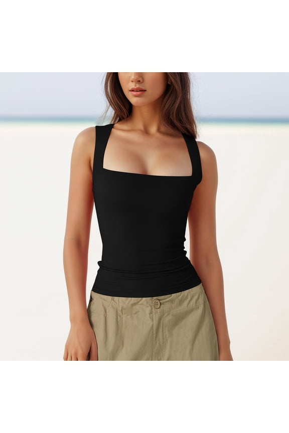 Women Square Neck Sleeveless Double Layer Tight Tank Top For Women Nylon Tops for Women Seamless T Shirts for Women Womens Tops Spaghetti Strap Sleep for Women plus Camisoles with Bra Shelf Star Crop