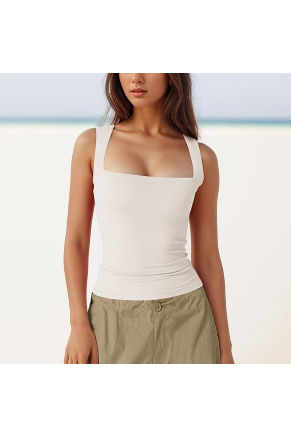 Women Square Neck Sleeveless Double Layer Tight Tank Top For Women Padded Bra Camisole for Women with Support Womens plus Size Camisoles with Shelf Bra Camisole for Women with Shelf Bra Lace Trim Bra
