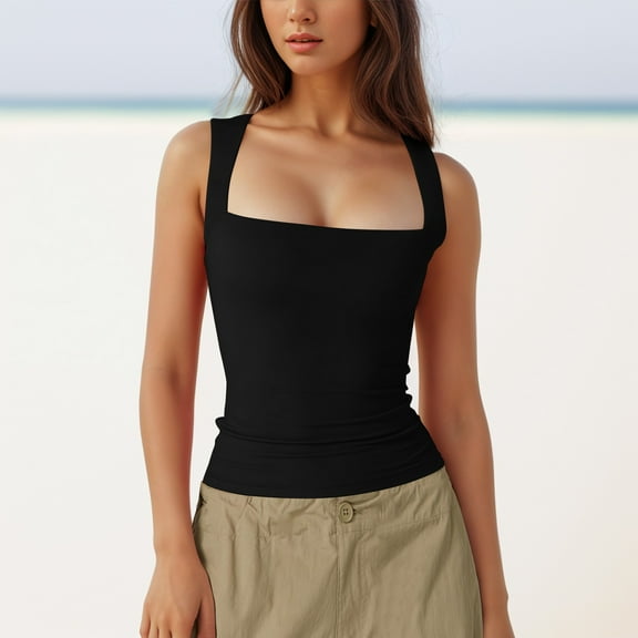 Women Square Neck Sleeveless Double Layer Tight Tank Top For Women Tan Top Women Big Girls Crop Tops Layering for Women Camisole Lace Straps Tops for Women to The Heart Shirt Thick Strap Tops for