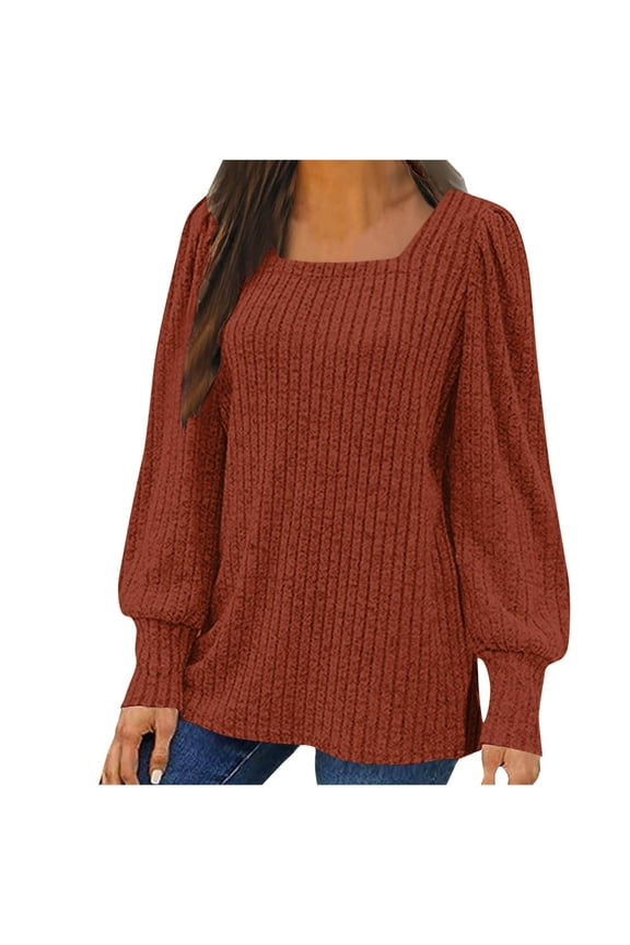Women Square Neck Sweaters Plus Size Tunic Rib Shirts Pullover Tops Pleated Lantern Sleeve Jumper
