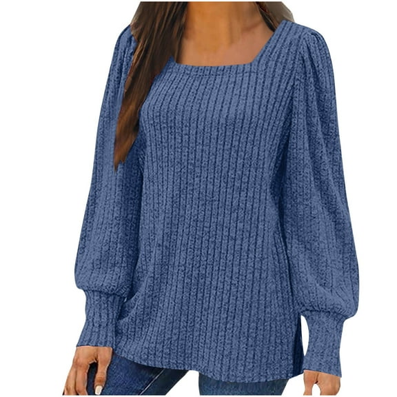 Women Square Neck Sweaters Plus Size Tunic Rib Shirts Pullover Tops Pleated Lantern Sleeve Jumper