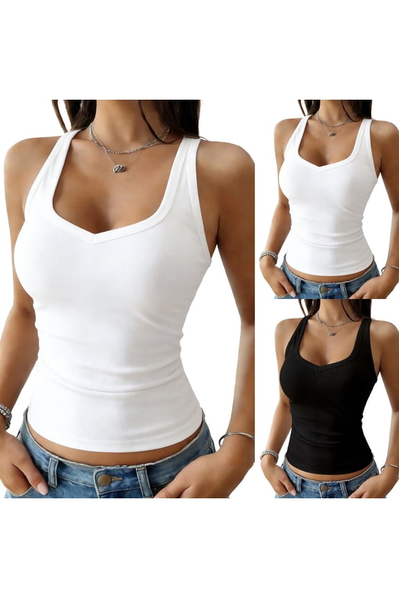 Women Square Neck Tank Top Slim Summer Layering Camisole Halter Crop Top Workout Sleeveless Basics Shirt White L