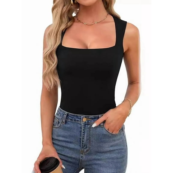 Women Square Neck Tank Tops Dressy Summer Sleeveless Shirts Going Out Fitted Trendy Tops T Shirts Blouses Black L