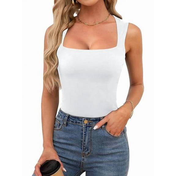 Women Square Neck Tank Tops Dressy Summer Sleeveless Shirts Going Out Fitted Trendy Tops T Shirts Blouses White XL