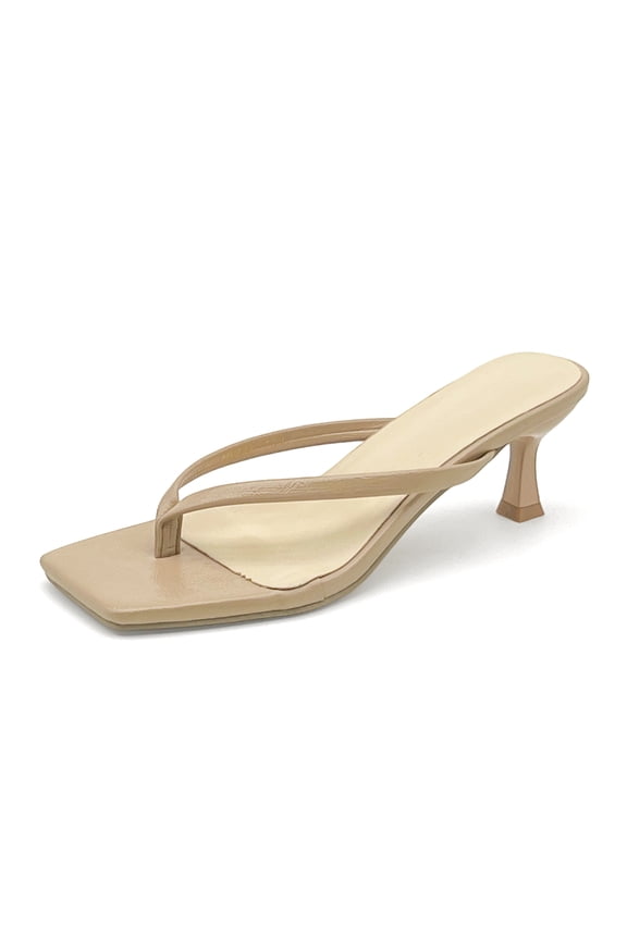 Women Square Open Toe Kitten Heels Sandals Slip On Thong Flip Flops Comfort Summer Versatile Dress Party Daily Sandals Apricot