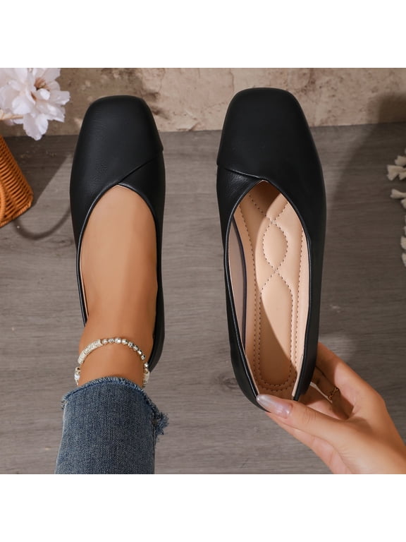 Women Square Toe Ballet Flat Shoes, V‑Cut Slip‑on Soft Faux Leather Casual Flats, Minimalist Comfortable Walking Shoes