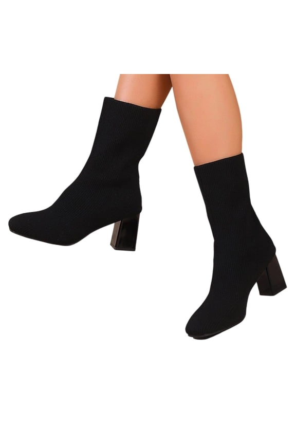 Women Square Toe Fly Knit Sock Mid Calf Boots Stretch Ribbed Slip On Chunky Block Heel Fashion Ankle Booties