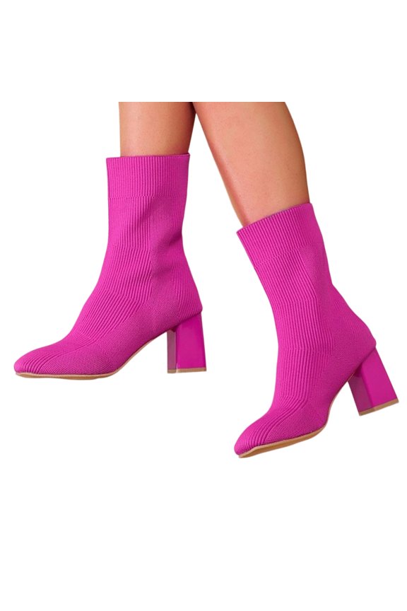 Women Square Toe Fly Knit Sock Mid Calf Boots Stretch Ribbed Slip On Chunky Block Heel Fashion Ankle Booties