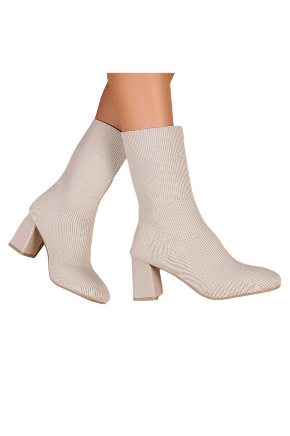 Women Square Toe Fly Knit Sock Mid Calf Boots Stretch Ribbed Slip On Chunky Block Heel Fashion Ankle Booties