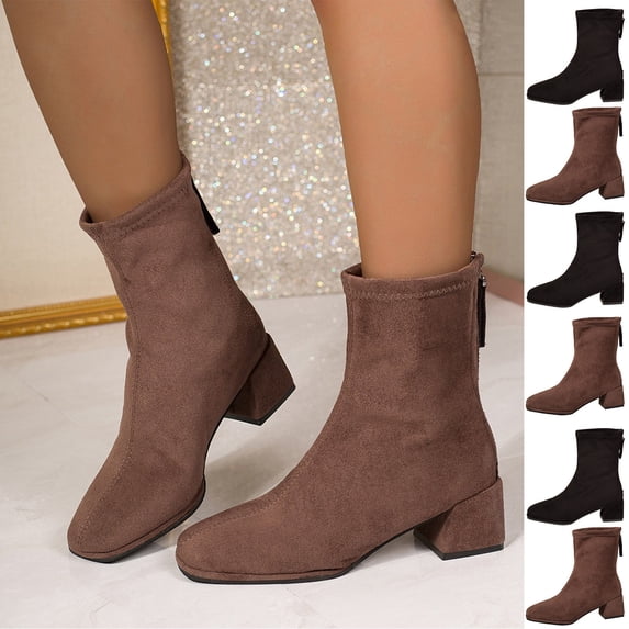 Women Square Toe Stretch Suede Ankle Boots, Back Zipper Block Heel Sock Booties, Elegant Mid Heel Short Boots, Fashion Dress Boots for Fall Winter Brown 8.5(41)