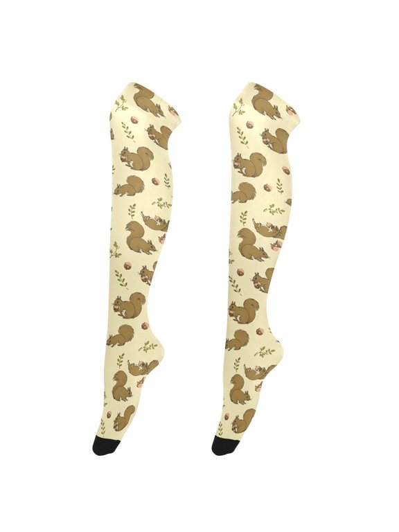 Women Squirrel Eating Acorns Pattern Over Knee Thigh High Socks