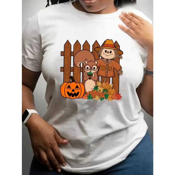Women Squirrel Scarecrow Fall T Shirt Forest Animal Pumpkin Graphic Tee Soft Casual Top White S-5XL