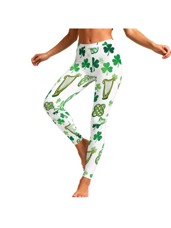 Women St Patrick Pants Slimming Elastic High Waist Print Leggings Stretchy Casual Fitness Running Trousers (XXL, White)