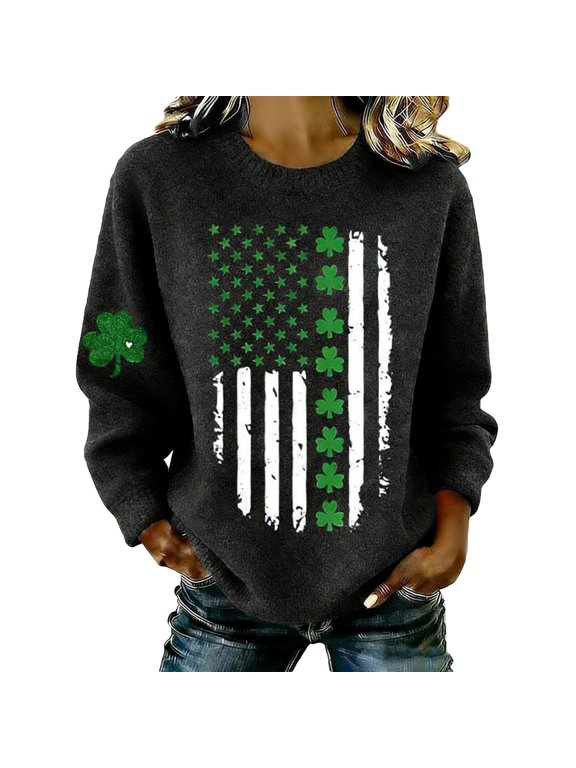 Women St. Patrick's Day Sweaters Shamrock Clover Printed Pullover Tops | Casual Loose Fit Tops,Irish Gift,Crewneck Long Sleeve shirts,Lightweight,Daily Wear,Graphic Sweatshirt