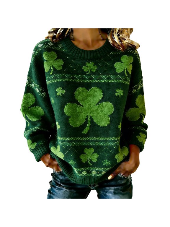 Women St. Patrick's Day Sweaters Shamrock Clover Printed Pullover Tops | Casual Loose Fit Tops,Irish Gift,Crewneck Long Sleeve shirts,Lightweight,Daily Wear,Graphic Sweatshirt