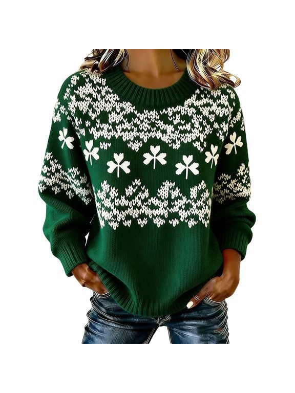 Women St. Patrick's Day Sweaters Shamrock Clover Printed Pullover Tops | Casual Loose Fit Tops,Irish Gift,Crewneck Long Sleeve shirts,Lightweight,Daily Wear,Graphic Sweatshirt