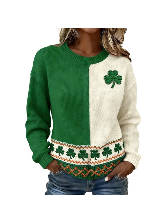 Women St. Patrick's Day Sweaters Shamrock Clover Printed Pullover Tops | Casual Loose Fit Tops,Irish Gift,Crewneck Long Sleeve shirts,Lightweight,Daily Wear,Graphic Sweatshirt