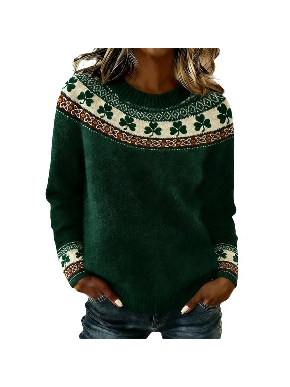 Women St. Patrick's Day Sweaters Shamrock Clover Printed Pullover Tops | Casual Loose Fit Tops,Irish Gift,Crewneck Long Sleeve shirts,Lightweight,Daily Wear,Graphic Sweatshirt