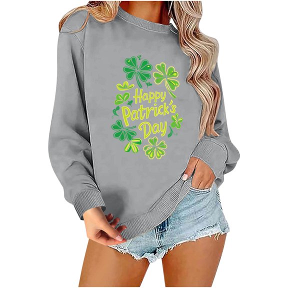 Women St Patrick's Day Sweatshirt Lucky Leaves Printed Long Sleeve Shirt Crewneck Loose Graphic Pullover Top (M, Gray)