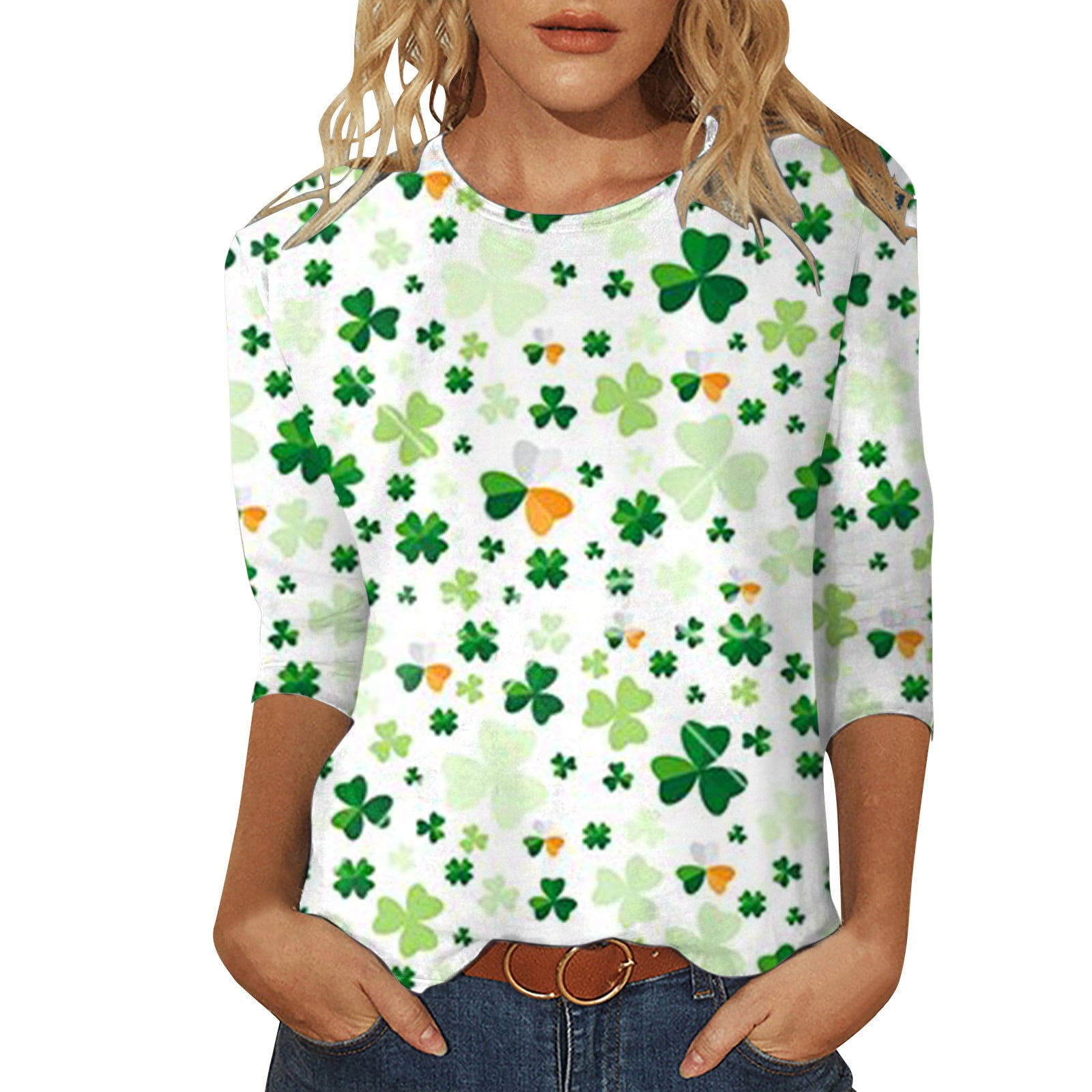 Women St. Patrick s Day Sweatshirts Casual Summer Three Quarter Sleeve Round Neck Printed Loose Side Split Tunic Blouse Womens T Shirts Walmart