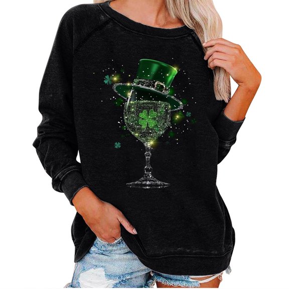 Women St. Patrick's Day Sweatshirts Shamrock Shirt Clover Printed Long Sleeve Irish Gift Casual Loose Fit Tops