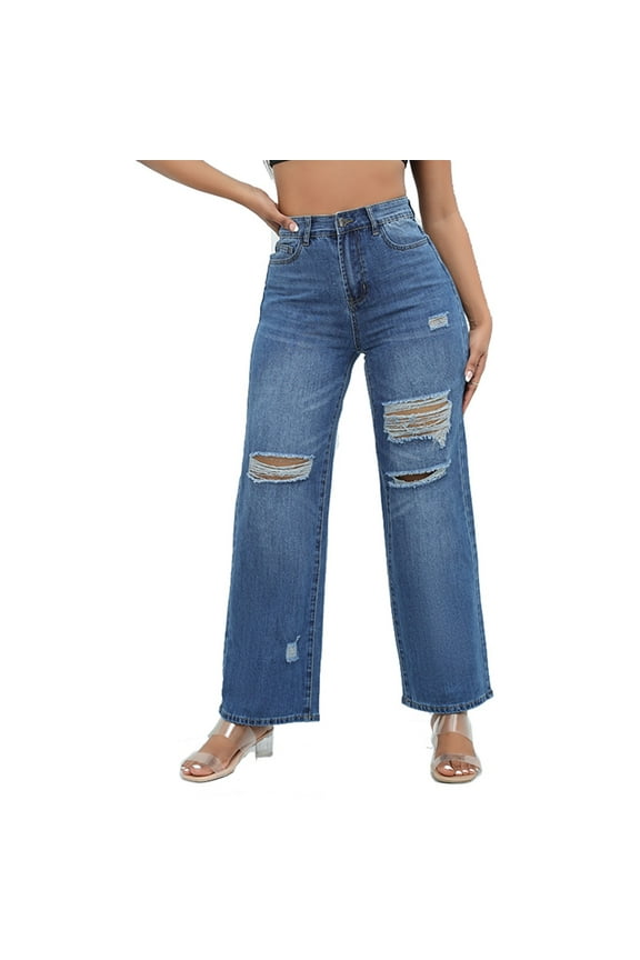 Women Stacked Pants Ripped Jeans Boyfriend Jeans Distressed Jeans Baggy Cargo Pants Jeans Straight Leg Pants Dark Blue L