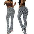 thumbnail image 1 of Women Stacked Striped Fuzzy Knitted Extra Long Pants Lounge Pajamas Homewear Sexy High Waist Skinny Slim Streetwear, 1 of 7