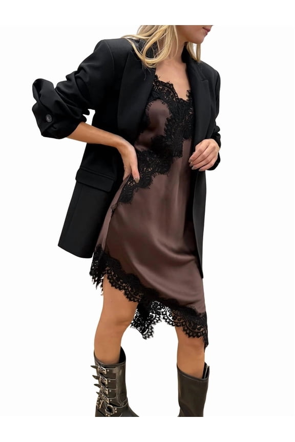 Women Stain Lace Camis Dress Y2K Silk Lace Trim Asymmetrical Side Slit High Low Slip Dress Streetwear Brown M