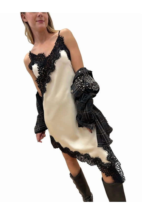 Women Stain Lace Camis Dress Y2K Silk Lace Trim Asymmetrical Side Slit High Low Slip Dress Streetwear White M