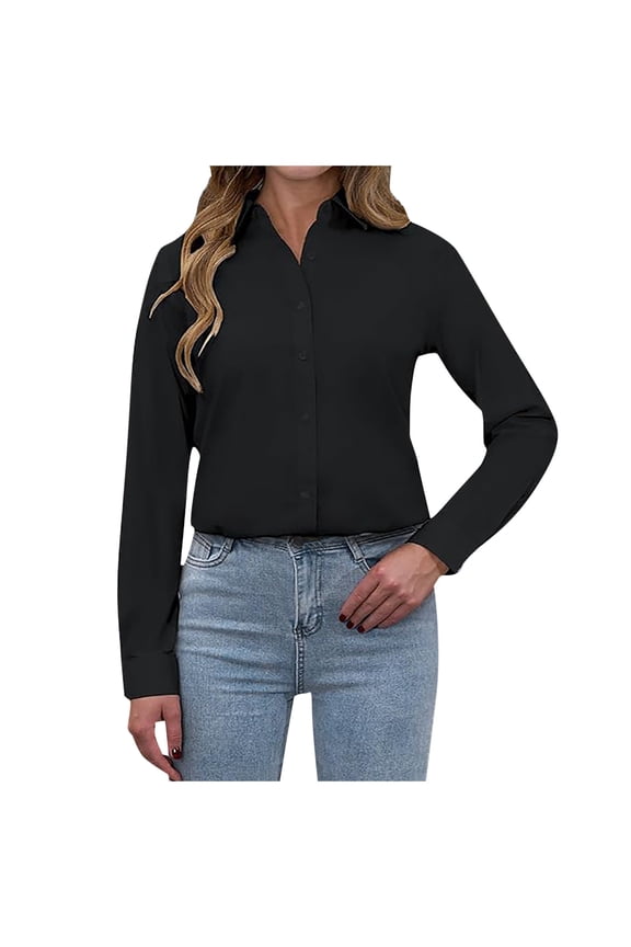 Women Stain Shield Dress Shirts Long Sleeve Solid Button Down Polyester Spandex Work Business