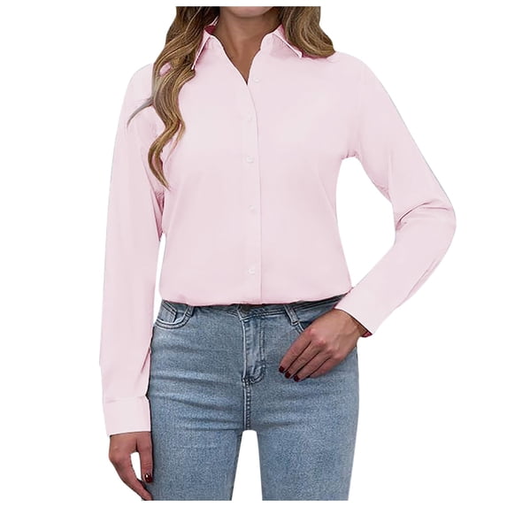 Women Stain Shield Dress Shirts Long Sleeve Solid Button Down Polyester Spandex Work Business