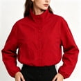 thumbnail image 1 of Women Stand Collar Button Front Lightweight Jacket Loose Long Sleeve Casual Outerwear With Pockets (Red M), 1 of 9
