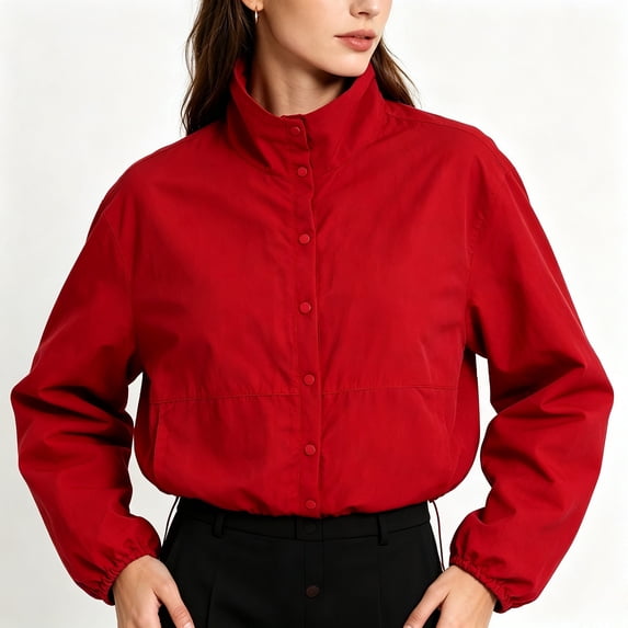 Women Stand Collar Button Front Lightweight Jacket Loose Long Sleeve Casual Outerwear With Pockets (Red M)