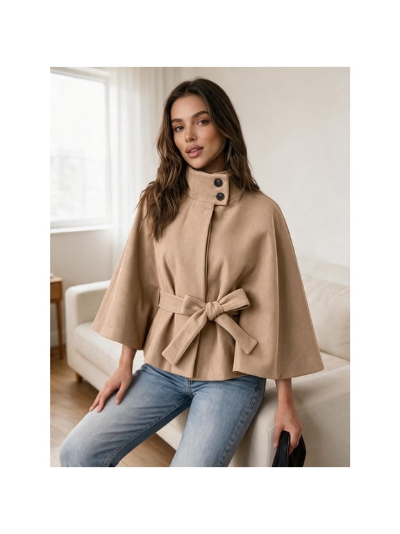Women Stand Collar Cape Jacket with Tie Waist Belt for Fall Winter Casual Outerwear >