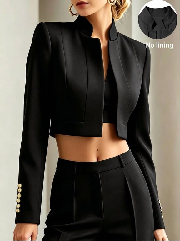Women Stand Collar Cropped Blazer, Long Sleeve Gold Button Decor Short Jacket, Elegant Office Formal Outerwear